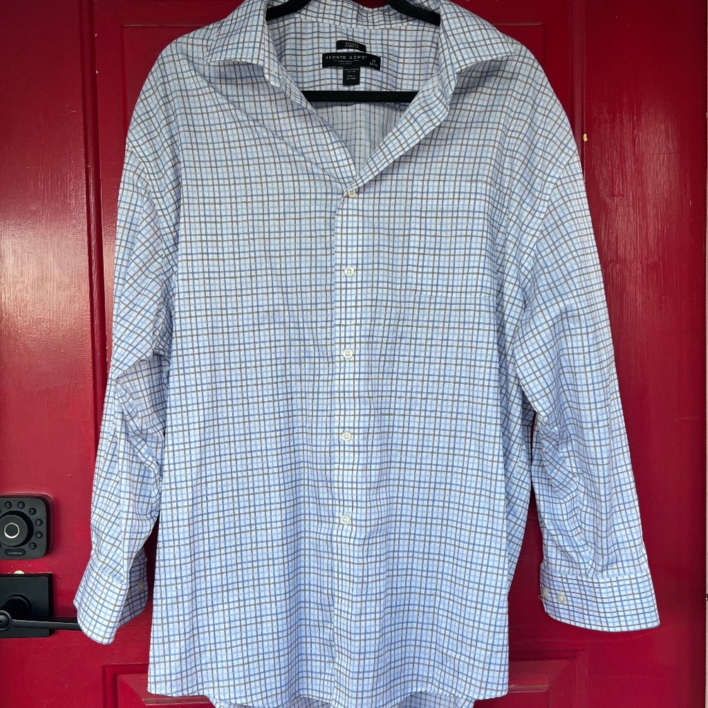 Pronto Uomo XXL Long Sleeve Button Up Formal Shirt Blue Brown Office Non-Iron